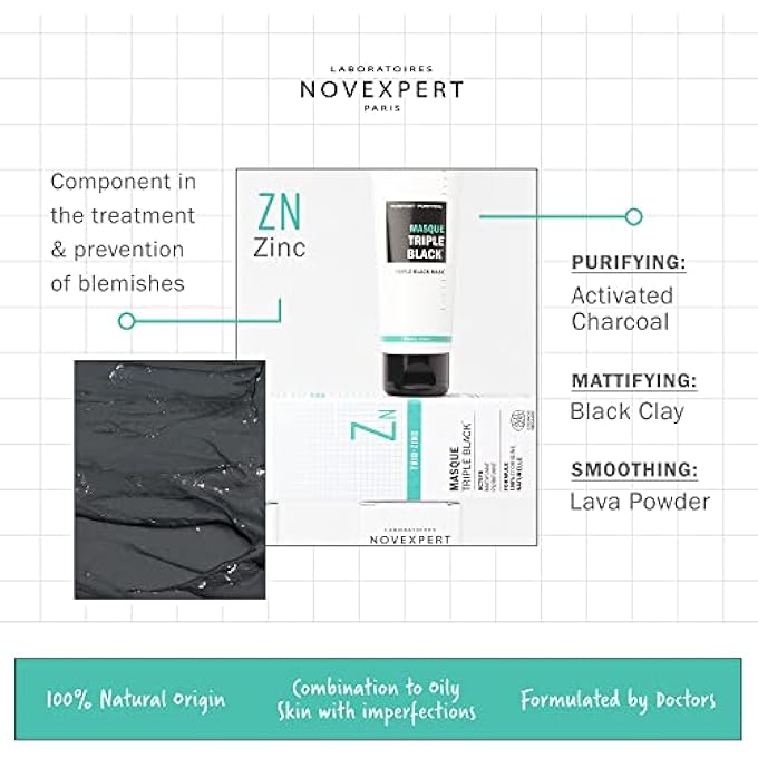 Novexpert TRIPLE BLACK MASK - MATTIFIES, PURIFIES AND EVENS SKIN WITH FEWER IMPURITIES - REGULATES SEBUM PRODUCTION - HYPOALLERGENIC - VEGAN - COMBINATION TO OILY SKIN WITH IMPERFECTIONS - 2.64 OZ - Image 2